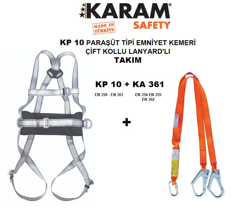 KP 10+KA 361 PARAŞÜT TİPİ KEMER ÇİFT LANYARDLI TAKIM