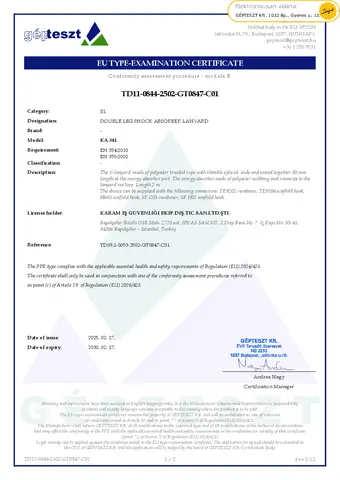KA 341 ÇİFT BACAKLI LANYARD SERTİFİKASI SET — First page