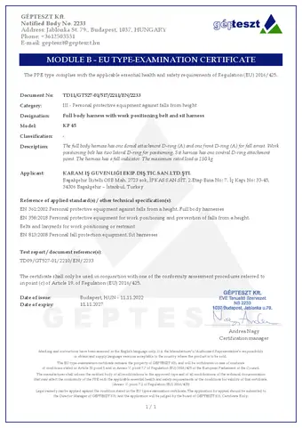 KP 45 EMNİYET KEMERİ SERTİFİKASI — First page