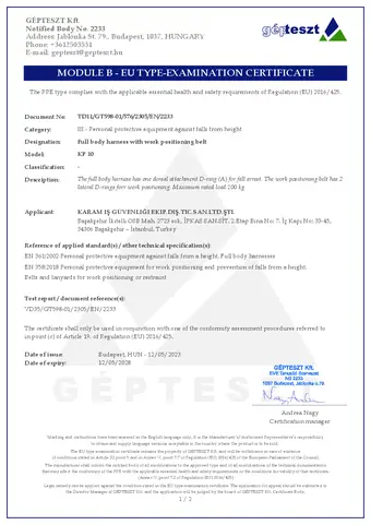 KP  10   PARAŞÜT TİPİ KEMER SERTİFİKASI — First page